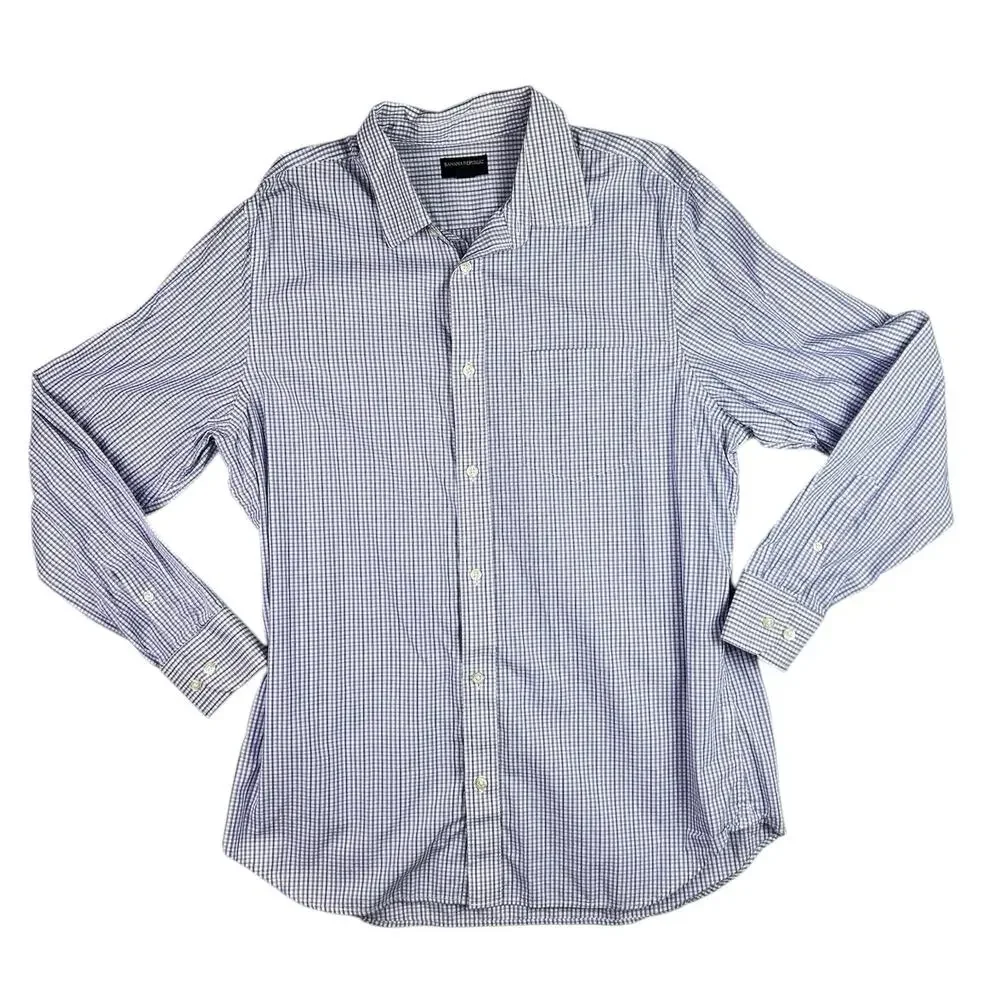 Banana Republic Blue Slim Fit Plaid Checkered Long Sleeve Button Up Shirt Top XL